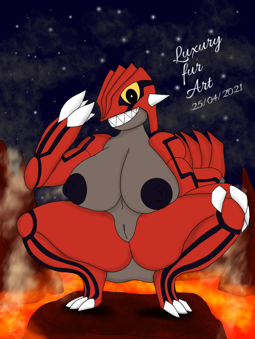 3:4 anthro big_breasts breasts claws digital_media_(artwork) female genitals groudon hi_res huge_breasts legendary_pokémon looking_at_viewer luxury_furart mammal nintendo nipples nude pokémon_(species) pokemon pussy scalie smile solo spikes teeth thick_thighs video_games