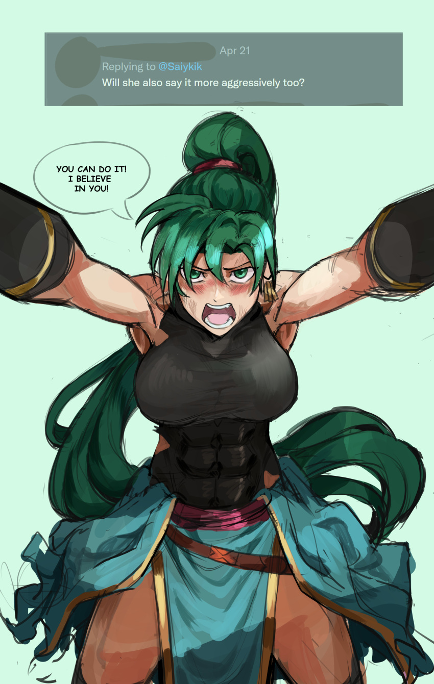 1girls abs blush earrings encouragement english_text fire_emblem fire_emblem:_the_blazing_blade green_eyes green_hair large_breasts lyn_(fire_emblem) lyndis_(fire_emblem) nintendo pelvic_curtain ponytail pov saiykik solo solo_female solo_focus sweaty text very_long_hair