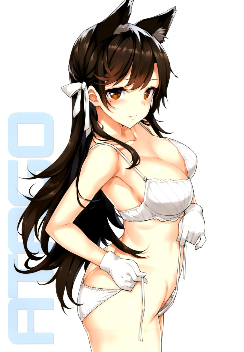 animal_ears arched_back armpits ass atago_(azur_lane) azur_lane bangs bare_shoulders bikini blush breasts brown_eyes brown_hair character_name clavicle cleavage cowboy_shot female gloves hair_ornament hair_ribbon high_resolution in_profile large_breasts long_hair looking_at_viewer looking_to_the_side mole mole_under_eye pantsu parted_lips polka_dot_bikini ribbon scan side-tie_bikini side-tie_panties simple_background smile solo standing swimsuit tagme takayaki thighs third-party_edit underwear undressing untied untied_bikini white_background white_bikini white_gloves white_ribbon white_swimsuit