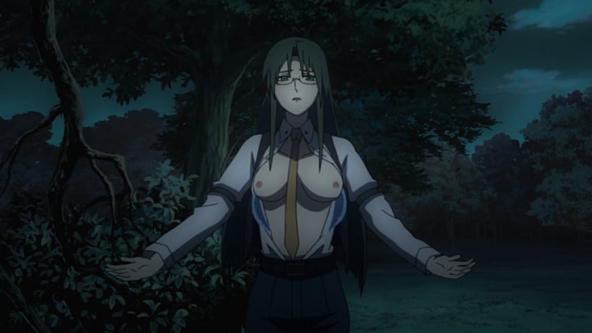 1girls asougi_rin big_breasts blush bra bra_removed breasts busty come_hither erect_nipples glasses green_eyes green_hair large_breasts long_hair looking_at_viewer mnemosyne nipples nude_filter office_lady open_clothes outstretched_arms screencap tie voluptuous