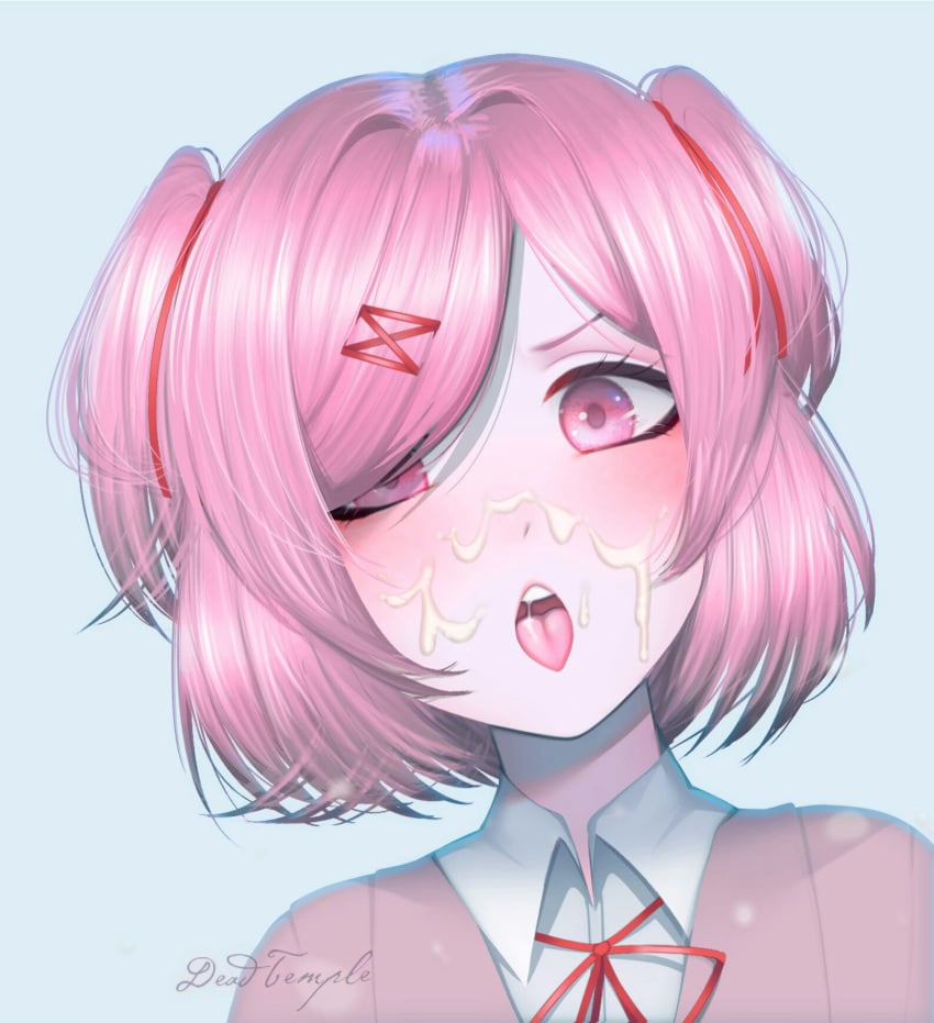 1girls artist_name blushing clothed_female cum cum_on_body cum_on_face deadtemple doki_doki_literature_club facial female female_focus female_only hair_covering_eye hair_intakes mouth_open natsuki_(doki_doki_literature_club) open_mouth pink_eyes pink_hair school_uniform solo_focus sparkling_eyes tongue tongue_out tsundere yogurt