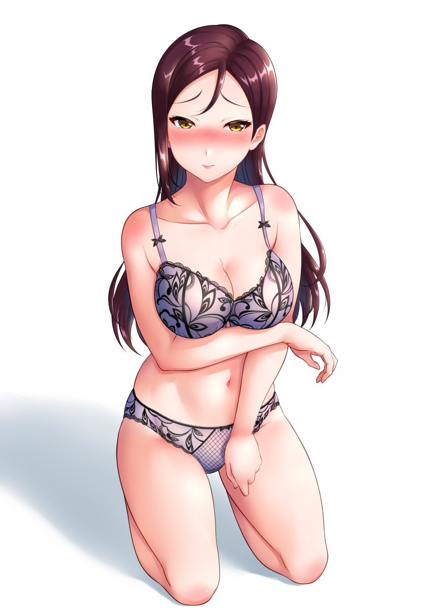 1girls 2021 belly blush bra breasts chishio_(onoderayui) cleavage closed_mouth collarbone covered_nipples covered_pussy female female_focus female_only lace-trimmed_bra looking_at_viewer love_live! love_live!_sunshine!! mature mature_female milf mother mouth_closed navel panties pants sakurauchi_riko's_mother seiza simple_background solo solo_female solo_focus steamy_breath underwear white_background yellow_eyes