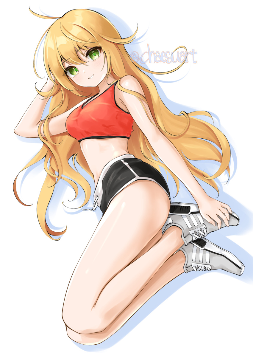 2020s 2021 bare_arms bare_legs bare_midriff bare_shoulders bare_thighs bird's-eye_view blonde_hair blush breasts chaesu confident eyebrows_visible_through_hair full_body green_eyes gym_shorts hand_on_foot hand_on_head hand_on_leg large_breasts laying_down laying_on_side long_hair long_legs looking_at_viewer manga midriff no_socks open_mouth shiny_hair shiny_skin short_shorts shorts smile sneakers solo solo_female tomboy two_tone_clothing two_tone_footwear workout workout_clothes