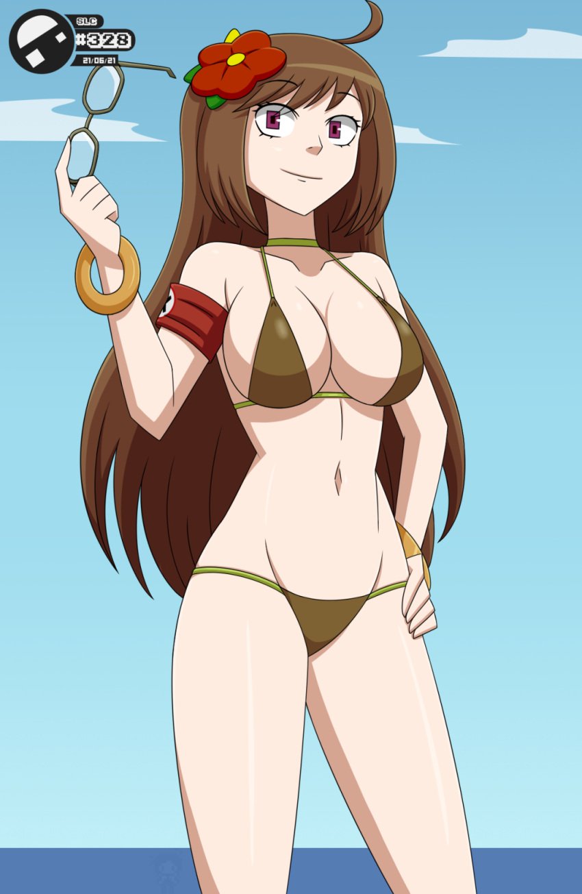 1girls 2021 beach bikini breasts brown_bikini brown_hair glasses long_hair looking_at_viewer metal_slug metal_slug_attack naomi_(metal_slug) pink_eyes slc snk summer