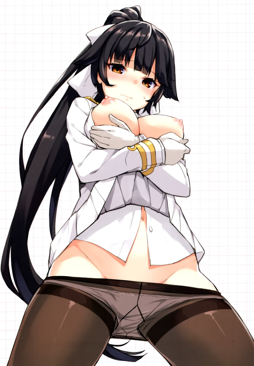 azur_lane bangs black_hair black_legwear blunt_bangs blush bottoms_down breast_hold breasts breasts_out_of_clothes brown_eyes clothes_pull cowboy_shot eyebrows_visible_through_hair female gloves groin gusset hair_ornament hair_ribbon high_ponytail high_resolution large_breasts lifted_by_self long_hair long_sleeves looking_at_viewer looking_down navel nipples panchira panties panties_down panties_under_pantyhose pantsu panty_pull pantyhose pantyhose_down pantyhose_pull pleated_skirt ponytail presenting presenting_own_panties presenting_panties ribbon skirt skirt_lift skirt_lifted_by_self skirt_pull solo spread_legs standing tagme takao_(azur_lane) takayaki thighband_pantyhose third-party_edit underwear underwear_pull very_long_hair viewed_from_below white_gloves white_ribbon white_skirt