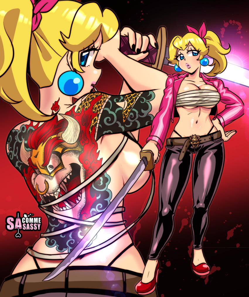 1girls back back_tattoo blonde_hair blue_eyes breasts cleavage clothing colored_nails covered_nipples earrings female full_body high_heels holding_katana holding_sword holding_weapon irezumi katana looking_at_viewer looking_back mario_(series) multiple_views nintendo pants ponytail princess_peach ryuu_ga_gotoku sarashi sasatseng solo standing sword tattoo tattoo_on_back tied_hair tight_clothing tight_pants topless weapon