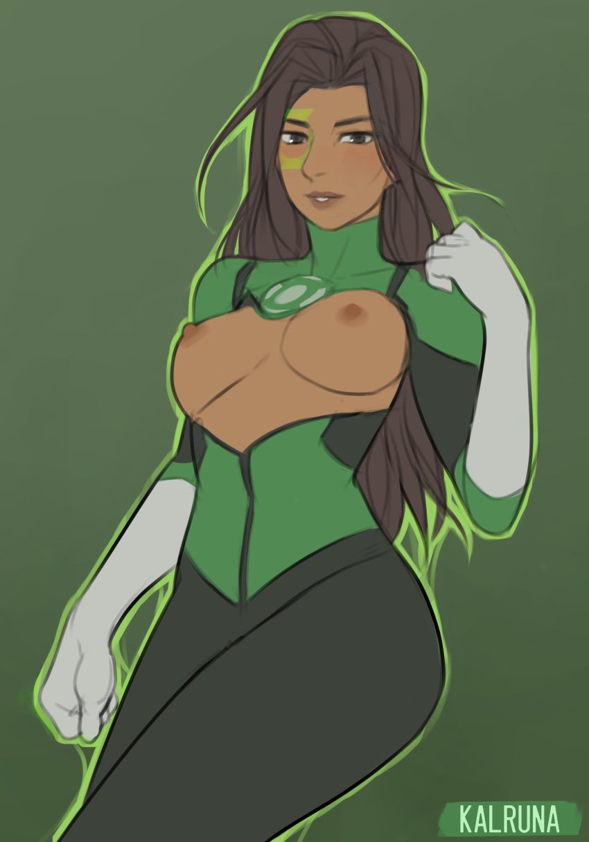 1girls areolae boob_window breasts breasts_out breasts_out_of_clothes brown_hair dark-skinned_female dark_skin dc dc_comics exposed_breasts female female_focus female_only green green_background green_clothing green_lantern green_lantern_(series) green_lantern_corps green_theme jessica_cruz kalruna long_hair nipples simple_background solo solo_female superhero tagme thick_thighs thighs white_gloves