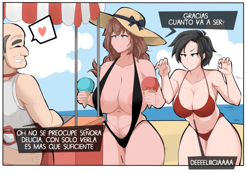 1boy 2girls alessandra_(comicomryu) areolae beach big_ass big_breasts big_butt bikini black_hair breasts brown_hair cleavage comic comic_page comicomryu delicia_(comicomryu) female green_eyes huge_breasts ice_cream large_breasts long_hair male milf original_character pubic_hair ryumxr short_hair smile spanish_text text text_bubble