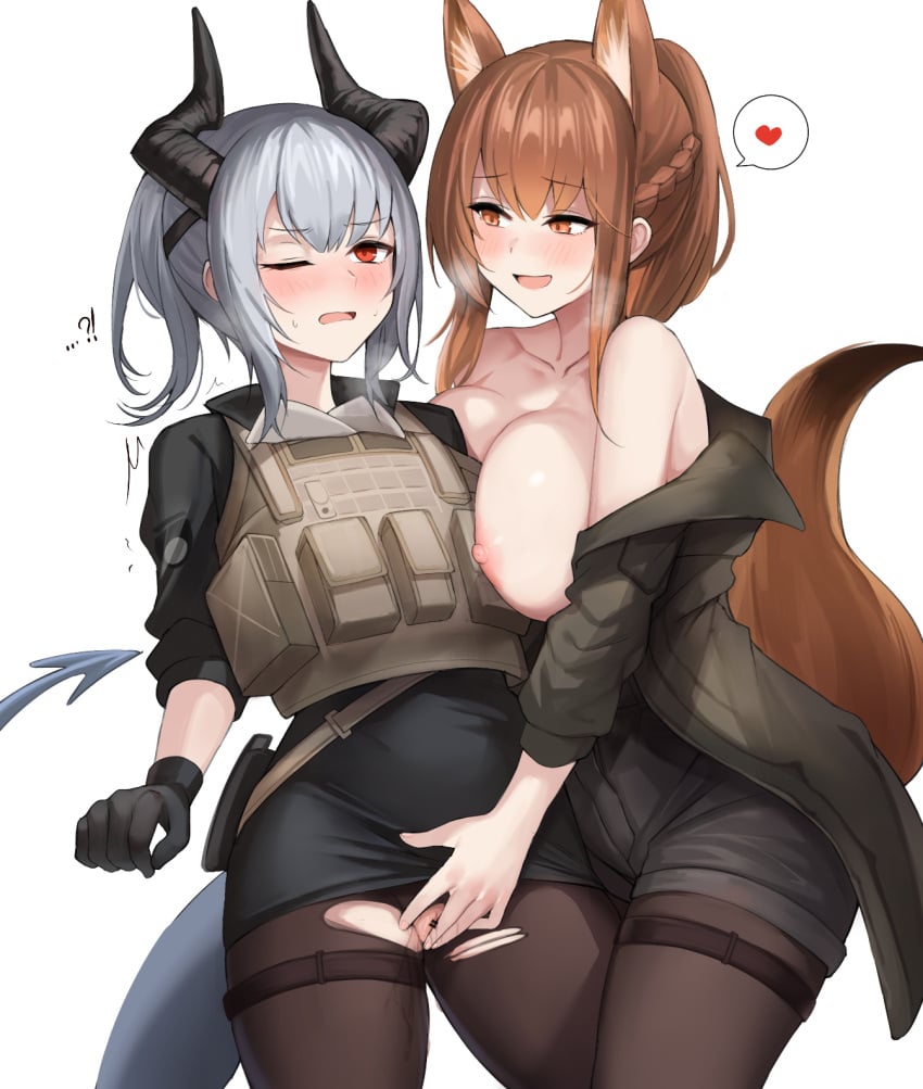 !? 2girls animal_ear_fluff animal_ears arknights bangs beruko14 black_gloves black_shorts black_skirt blush braid breast_press breasts brown_jacket brown_legwear bulletproof_vest collarbone cowboy_shot dragon_girl dragon_horns dragon_tail eyebrows_visible_through_hair female female_only fingering fox_ears fox_girl fox_tail franka_(arknights) gloves heart heavy_breathing highres horns jacket large_breasts legwear_under_shorts liskarm_(arknights) liskarm_(overload)_(arknights) long_sleeves looking_at_another miniskirt multiple_girls nipples no_panties official_alternate_costume open_clothes open_jacket pantyhose pencil_skirt plate_carrier ponytail pussy_juice red_eyes short_hair short_ponytail short_shorts shorts sidelocks silver_hair simple_background skirt speech_bubble spoken_heart tactical_gear tactical_vest tail thigh_strap topless torn_clothes torn_legwear upskirt white_background yuri