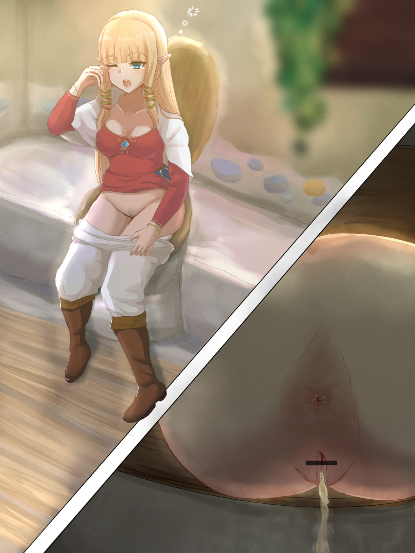 anus blonde_hair blue_eyes boots censored nintendo pantyhose pantyhose_pull peeing pointy_ears princess_zelda pubic_hair sitting skyward_sword sleepy the_legend_of_zelda toilet toilet_use vagina watersports zelda_(skyward_sword)