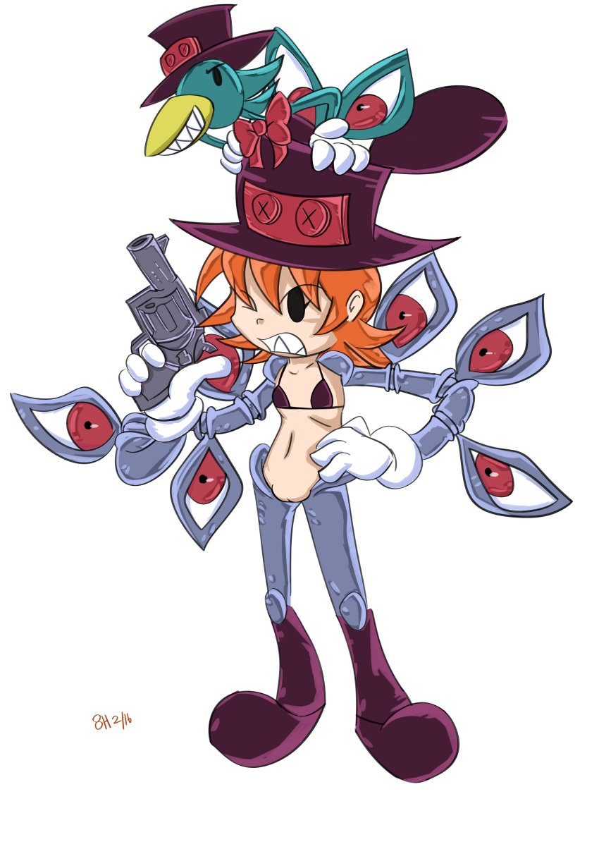 1girls 8horns angry avery_(skullgirls) bikini_top cyborg female orange_fur peacock_(skullgirls) puffy_pussy pussy sharp_teeth short_hair skullgirls