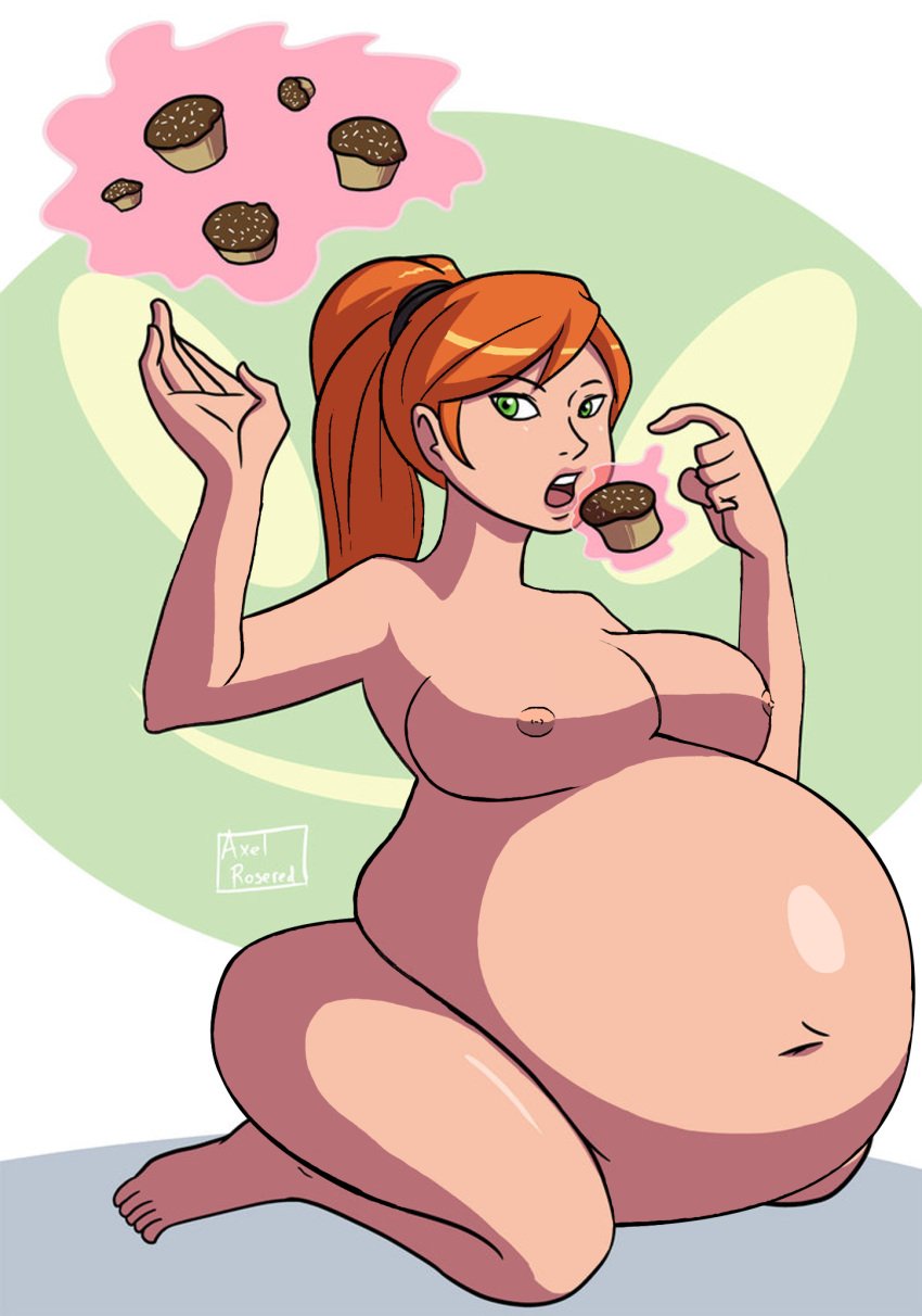 axel-rosered belly ben_10 ben_10_ultimate_alien big_ass big_belly big_breasts eating edit fat fat_ass female female_focus female_only ginger ginger_hair girl green_eyes gwen_tennyson gwen_tennyson_(ultimate_alien) huge_belly human muffin nipples nude overweight solo_female stuffing weight_gain