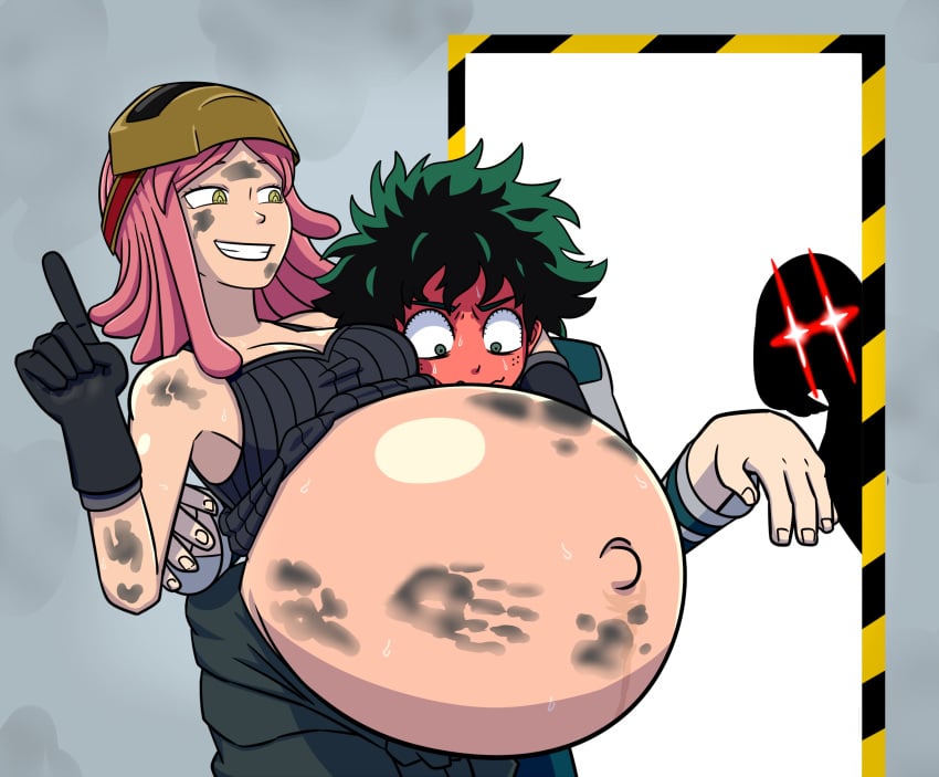 1boy 2girls belly belly_button big_belly big_breasts blush breasts cleavage female female_focus glowing_eyes green_hair izuku_midoriya large_belly male malkarmaze mei_hatsume my_hero_academia navel ochako_uraraka outie outie_navel pink_hair pregnant pregnant_female sweat