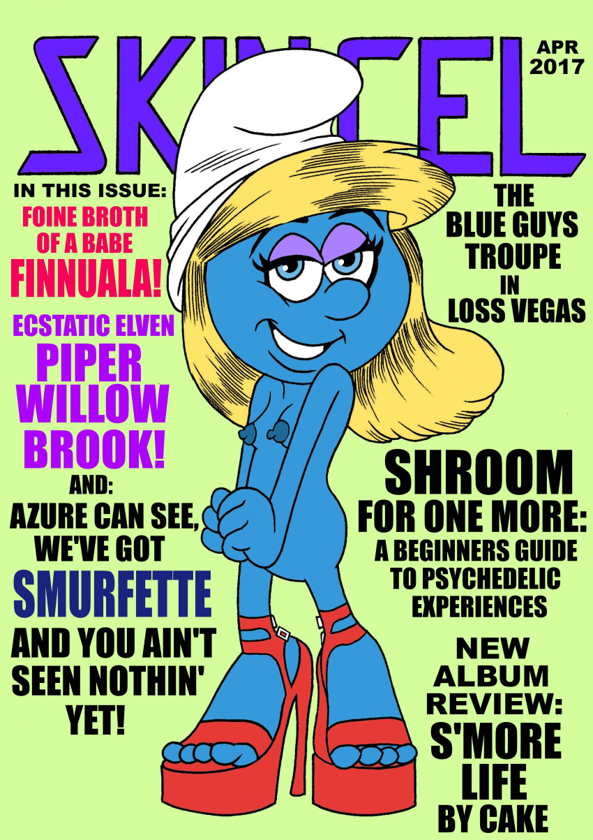 anthro blonde_hair blue_eyes blue_skin english_text eyelashes eyeshadow female hat heels long_hair nude small_breasts smurfette solo the_smurfs toonytease