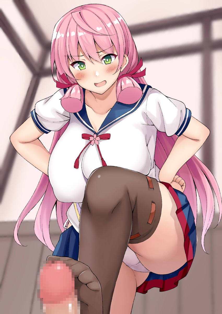 absurdres akashi_(kantai_collection) black_legwear blue_sailor_collar blue_skirt blush breasts censored collarbone eyebrows_visible_through_hair female foot_fetish footjob green_eyes hair_between_eyes hair_ribbon highres kantai_collection kusano_(torisukerabasu) large_breasts long_hair mosaic_censoring open_mouth panties penis pink_hair pleated_skirt red_ribbon ribbon sailor_collar school_uniform serafuku short_sleeves skirt solo_focus thighhighs tress_ribbon underwear white_panties