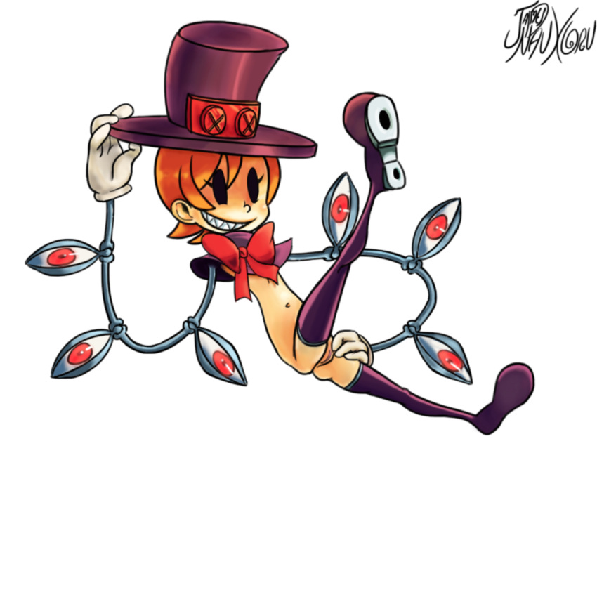 1girls female navel orange_hair peacock_(skullgirls) pussy rasenxoru sharp_teeth short_hair skullgirls thighhighs top_hat