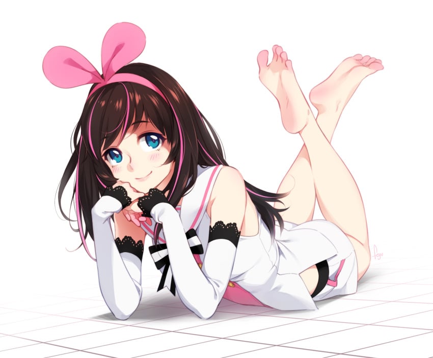 1girl 1girls a.i._channel bare_shoulders barefoot blue_eyes blush brown_hair feet feguimel female female_only hairband high_resolution kizuna_ai kizuna_ai_inc. legs light-skinned_female light_skin long_hair looking_at_viewer lying lying_on_floor short_shorts shorts simple_background smile soles solo solo_female the_pose toes virtual_youtuber white_background white_shorts