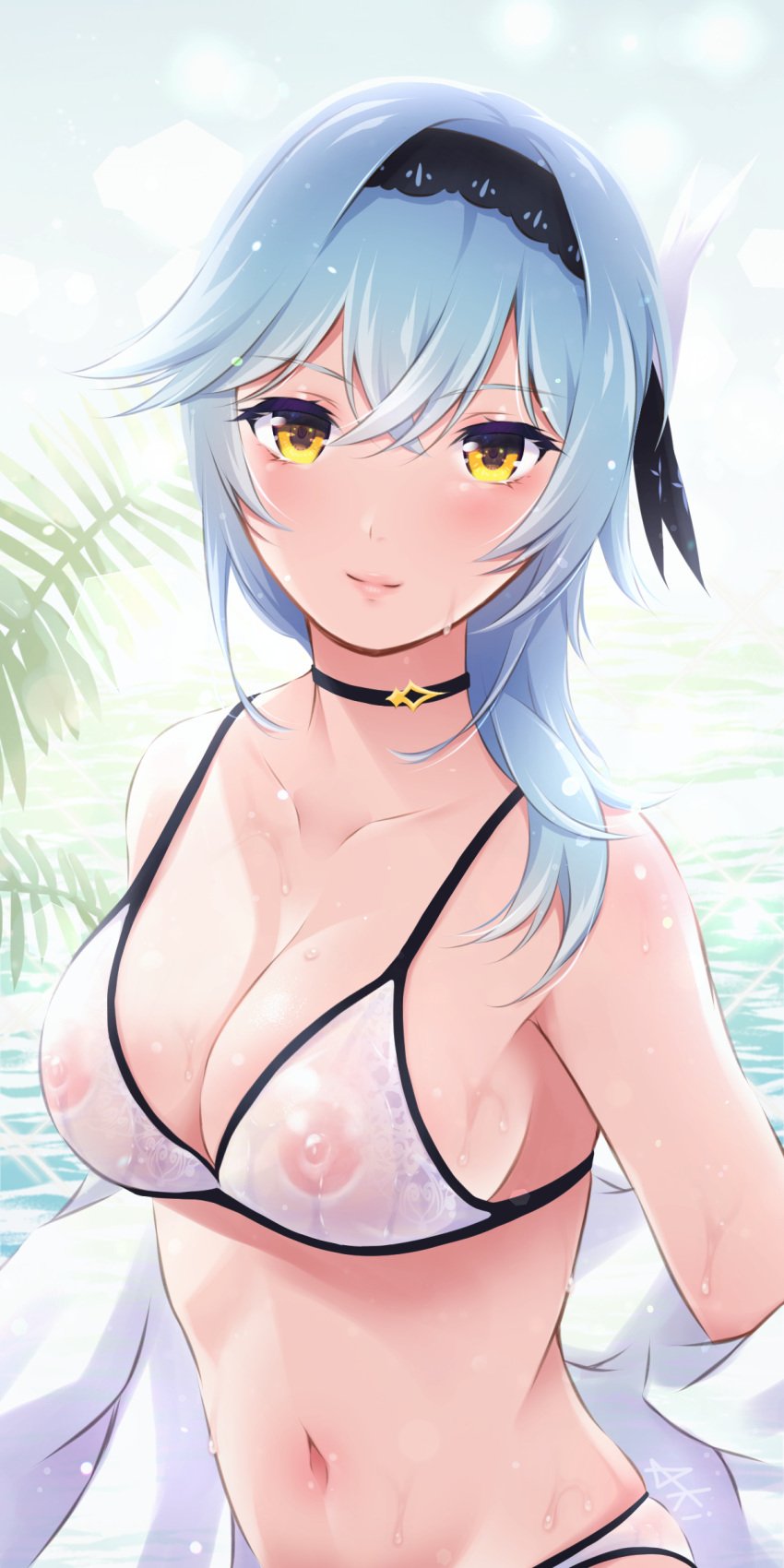 absurdres akkii_(hnahon) bikini black_hairband blue_hair blush breasts choker cleavage closed_mouth covered_erect_nipples cowboy_shot eula_(genshin_impact) female genshin_impact hairband highres light_smile looking_at_viewer medium_breasts medium_hair navel see-through_swimsuit solo swimsuit wet yellow_eyes