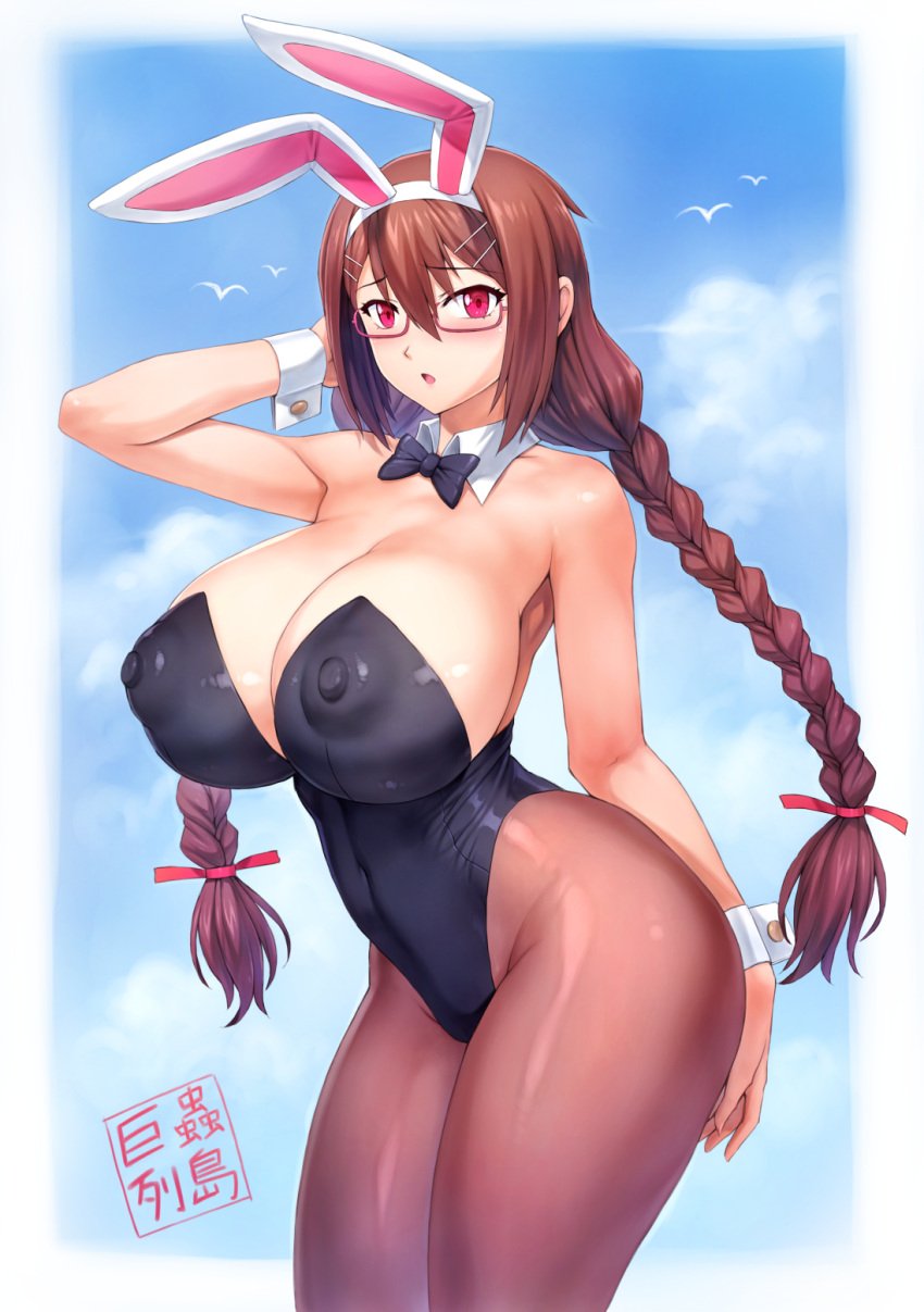 1girls animal_costume animal_ears areolae arms_behind_head bare_shoulders bird black_leotard blue_background blush bow bowtie braid breasts brown_hair bunny bunny_costume bunny_ears bunny_girl bunnysuit bursting_breasts cleavage cloud collarbone covered_erect_nipples curvy detached_collar detached_cuffs erect_nipples erect_nipples_under_clothes fake_animal_ears female female_focus female_only glasses hair hair_ornament hairclip hand_on_hip highres huge_areolae huge_breasts japanese_text kyochuu_rettou large_areolae leotard long_braid long_hair looking_at_viewer mogudan naruse_chitose open_mouth pantyhose playboy_bunny puffy_areolae puffy_nipples rabbit_ears rabbit_girl red_eyes ribbon rimless_eyewear shiny shiny_skin signature simple_background sleeveless solo solo_female solo_focus strapless strapless_leotard thick_thighs thighs twin_braids twintails very_long_hair white_border wrist_cuffs