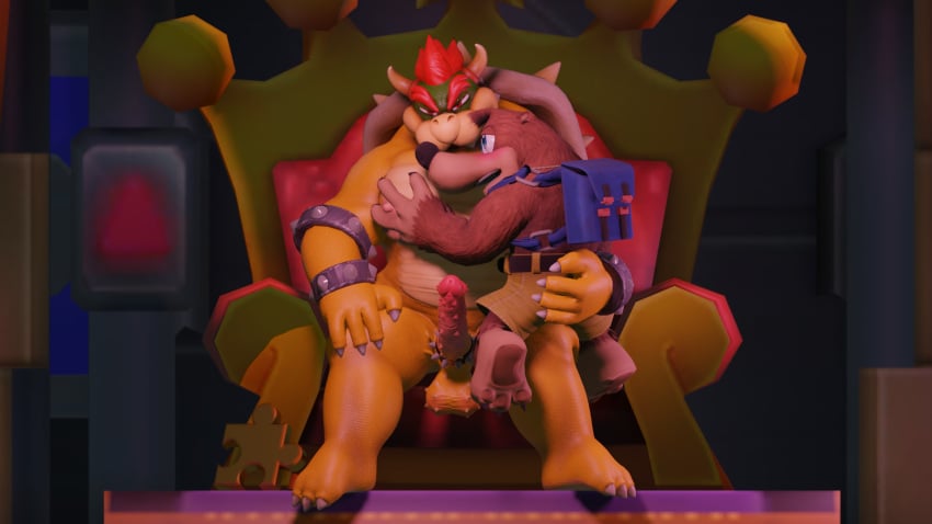 16:9 accessory anthro backpack bag balls banjo-kazooie banjo_(banjo-kazooie) belly_scales belt bottomwear bowser caught cock_ring gay genitals groping_ass hi_res jewelry koopa looking_at_viewer male male/male mammal mario_(series) nintendo on_lap penis penis_accessory penis_jewelry rareware reptile scales scalie shorts sitting_on_lap spiked_balls spiked_cock_ring spikes spikes_(anatomy) surprise throne_room tippytaps turtle ursid video_games widescreen