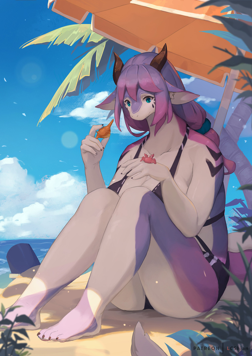 1girls anthro aqua_eyes beach beach_umbrella bent_legs bikini crab curvaceous dragon dragon_ears dragon_horns female female_only hi_res horns lanya_(lcshian) lcshian long_hair original original_character palm_tree pink_highlights purple_hair seaside shell sitting sky slit_pupils solo solo_female thick_thighs tied_hair