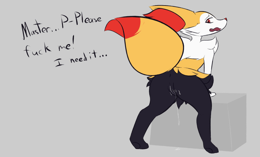 2021 anthro anus ass begging black_body black_fur black_pawpads bodily_fluids braixen cheek_tuft cute_fangs dipstick_tail english_text facial_tuft fangs female fur furry furry_only genital_fluids genitals grey_background hi_res inner_ear_fluff leaning leaning_forward looking_back mrdegradation multicolored_tail nintendo nude pawpads pokémon_(species) pokemon pokemon_(species) presenting presenting_anus presenting_hindquarters presenting_pussy pussy pussy_juice red_body red_fur red_nose simple_background smile solo tail text tuft video_games white_body white_fur yellow_body yellow_fur