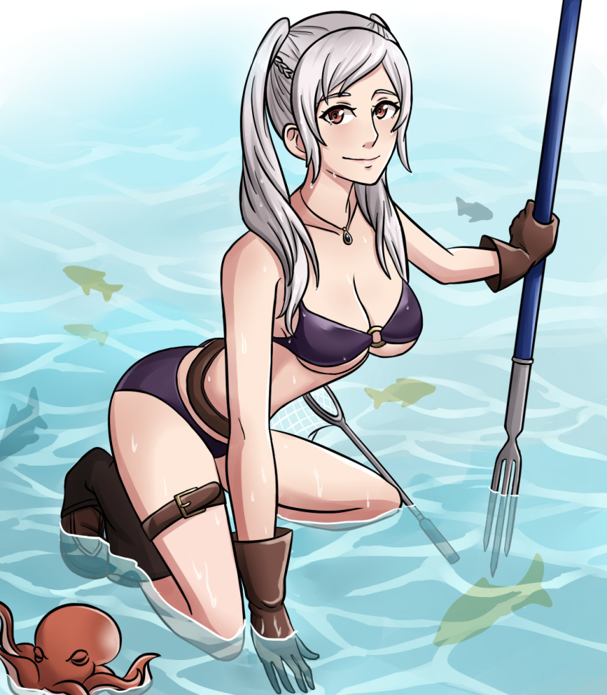 1girls alisa_(vallurite) alternate_costume beach belt bikini brown_eyes cleavage female female_only fire_emblem fire_emblem_awakening fire_emblem_heroes fish fishing_net gloves holding_object kneeling long_hair looking_at_viewer necklace net nintendo o-ring o-ring_bikini ocean octopus partially_submerged purple_bikini purple_swimsuit robin_(female)_(summer)_(fire_emblem) robin_(fire_emblem) robin_(fire_emblem)_(female) smile swimsuit swimwear thigh_strap trident twintails underboob water wet white_hair