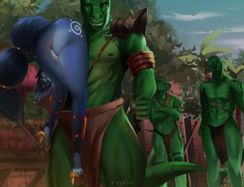 anthro anus ass ass_visible_while_carried blue_body blue_fur bottomwear canid canine carrying carrying_over_shoulder clothing detailed_background female fox fur fursin genitals green_body green_scales group high_heels imminent_rape krystal lizard loincloth looking_back male male/female mammal mostly_nude muscular muscular_anthro muscular_male nintendo nipples outside pussy reptile scales scalie sharpclaw shoulder_carry star_fox video_games