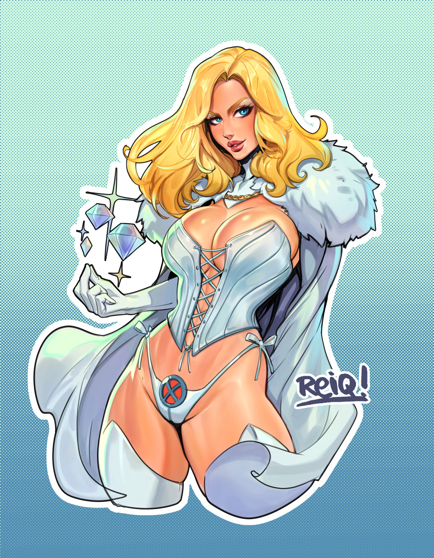 blonde blonde_female blonde_hair blue_eyes cape cleavage emma_frost lips long_hair looking_at_viewer marvel marvel_comics polka_dot_background reiq revealing_clothes shiny shiny_skin skimpy_outfit solo solo_female superheroine supervillainess white_cape x-men