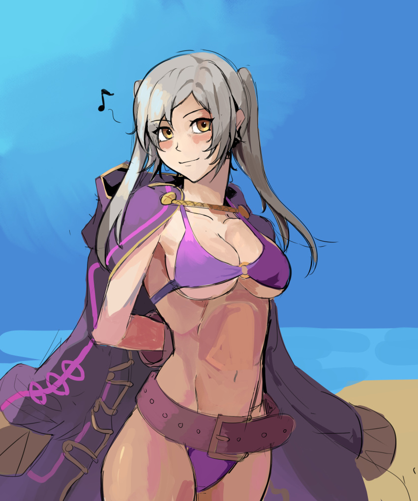 1girls alternate_costume bikini cleavage coat fire_emblem fire_emblem_awakening fire_emblem_heroes large_breasts looking_at_viewer nintendo ocean purple_bikini purple_swimsuit robin_(female)_(summer)_(fire_emblem) robin_(fire_emblem) robin_(fire_emblem)_(female) saiykik sand smile solo swimsuit twintails underboob water