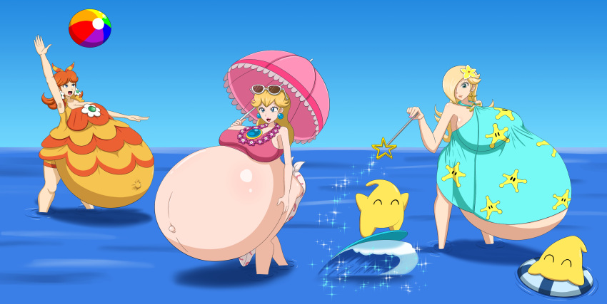 3girls big_breasts breasts cleavage female female_only huge_belly hyper_belly hyper_pregnancy large_breasts luma mario_(series) mario_kart mario_kart_tour multiple_girls multiple_pregnancies nintendo pregnant princess_daisy princess_peach princess_rosalina ready_to_pop spooky-gh0st super_mario_odyssey