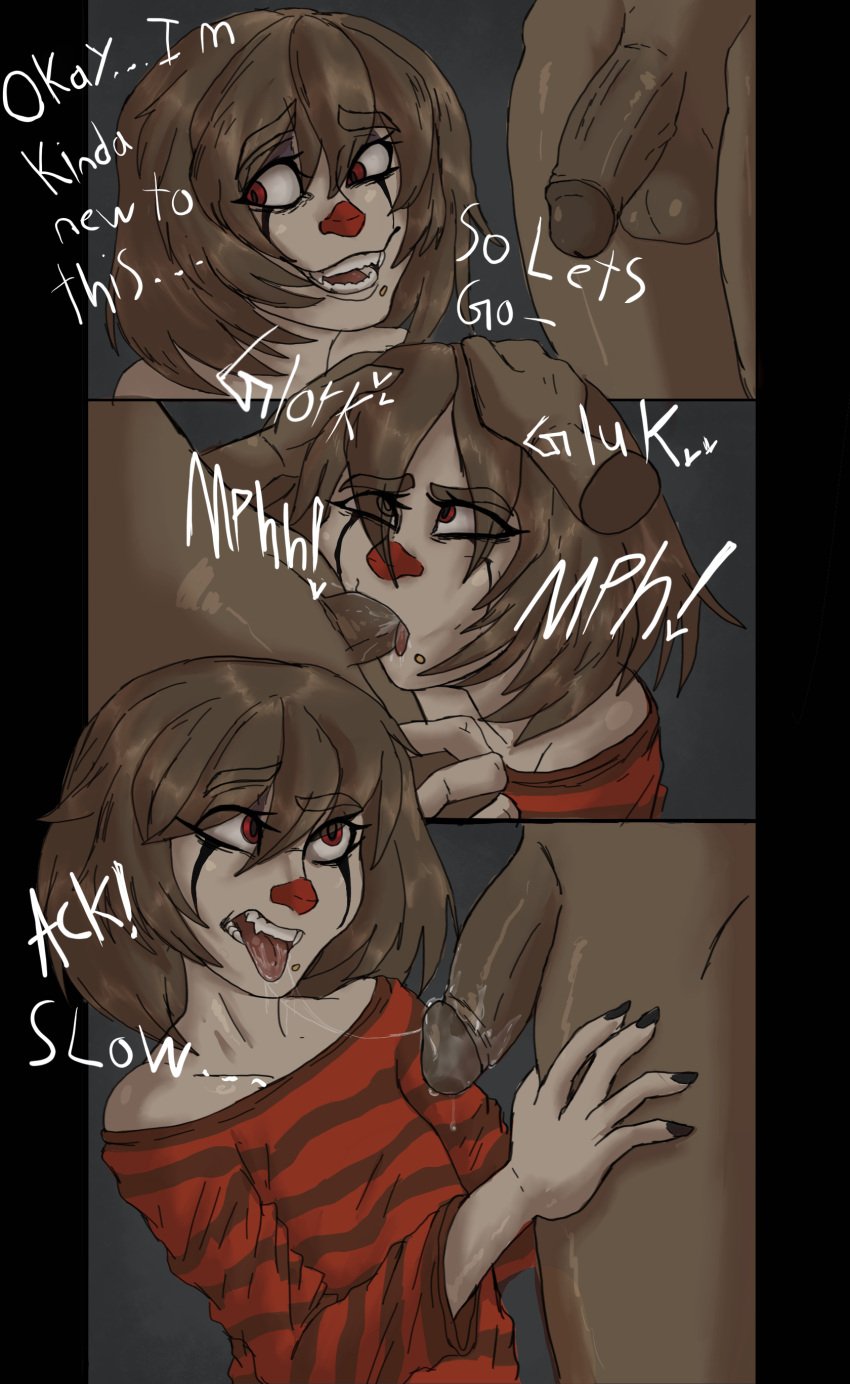 after_fellatio after_oral ambiguous_gender androgynous annoyed blowjob clown cottt(artist) dark-skinned_male deepthroat english_text fellatio femboy forced forced_oral hands_on_head oc oral original original_character red_eyes saliva saliva_trail short_hair spit text tongue tongue_out trap white_skin