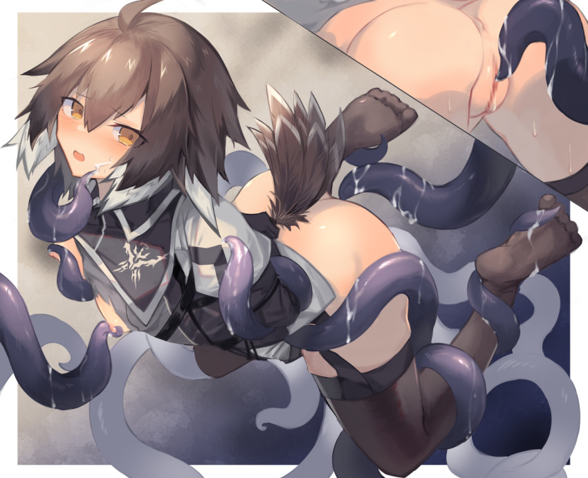 ahoge anus arknights arms_behind_back ass bird_tail black_legwear blush breasts breasts_out brown_hair censored commentary cut-away feathers female garter_straps grey_shirt hair_between_eyes imminent_penetration imminent_vaginal mosaic_censoring multicolored_hair multiple_views nipple_tweak open_mouth plume_(arknights) pussy restrained sasa_onigiri shirt short_hair small_breasts sweat tail tail_feathers tentacle thighhighs torn_clothes torn_shirt two-tone_hair white_footwear white_hair yellow_eyes