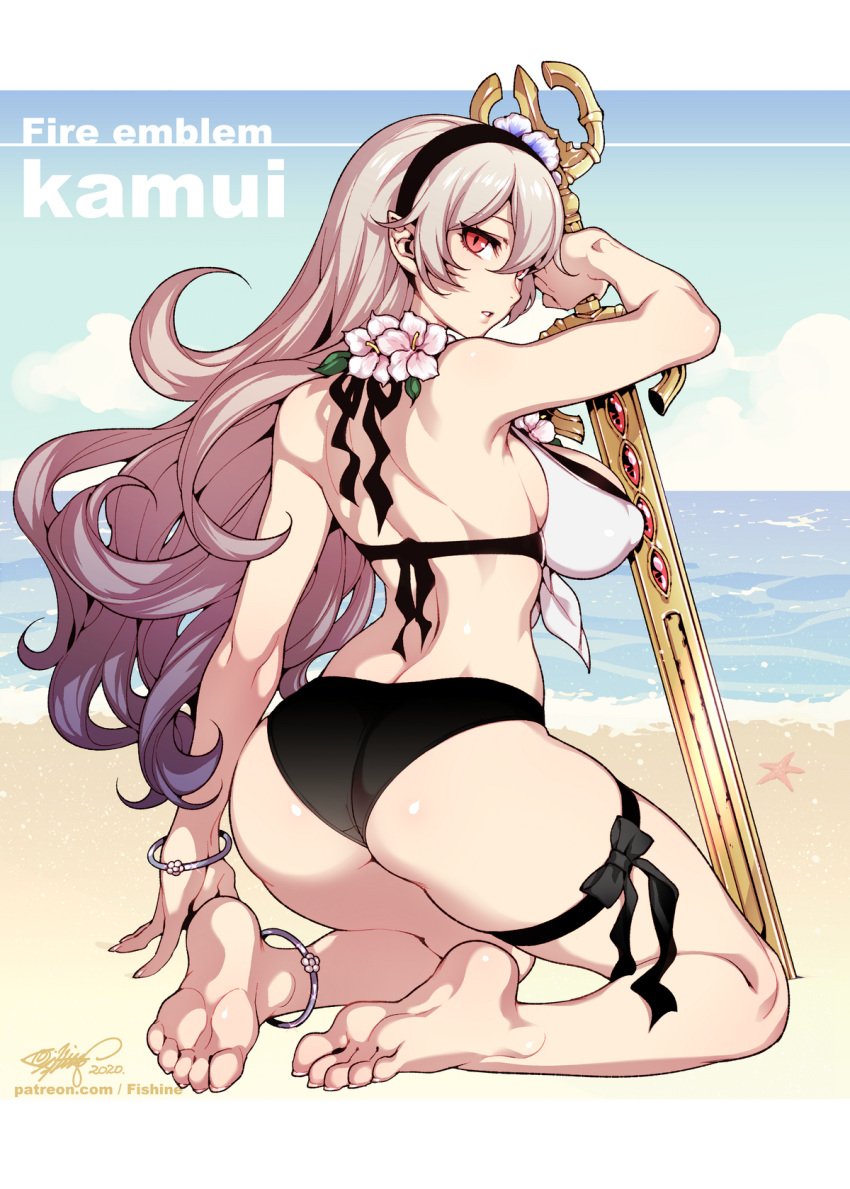 1girls alternate_costume anklet ass barefoot beach bikini black_bikini_bottom corrin_(fire_emblem) corrin_(fire_emblem)_(female) corrin_(summer)_(fire_emblem)_(female) dragon_girl feet fire_emblem fire_emblem_fates fire_emblem_heroes fishine flower flowers headband long_hair looking_back manakete nintendo ocean pointy_ears red_eyes sand slit_pupils solo swimsuit sword water wavy_hair weapon white_bikini white_swimsuit yato_(fire_emblem)