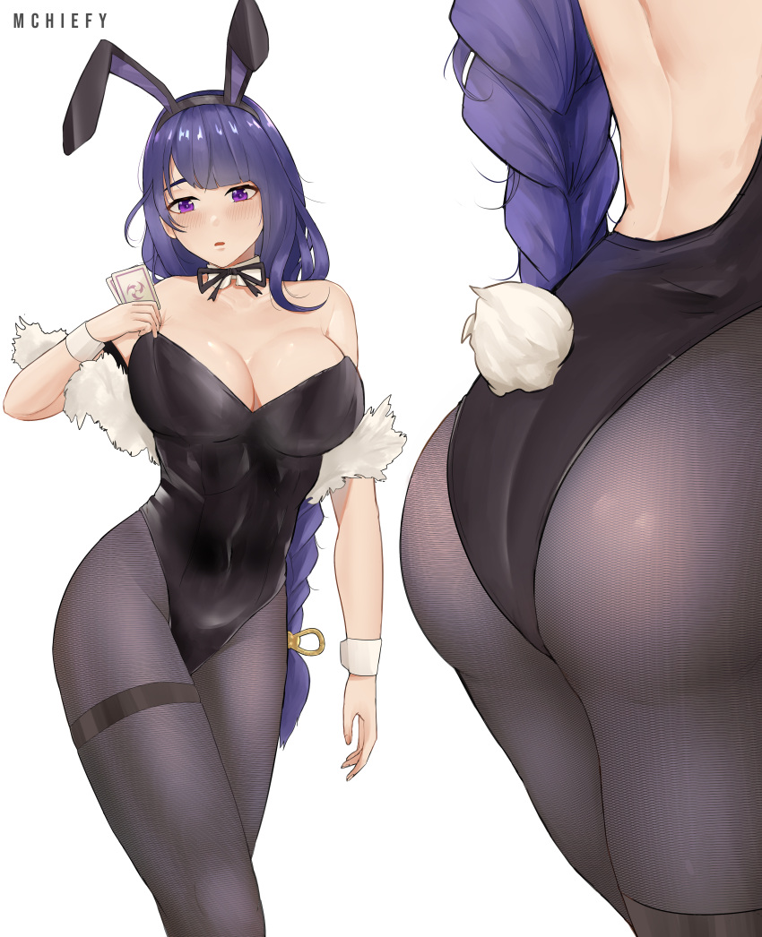 1girls ass big_breasts blush bunny_ears bunnysuit busty cleavage female fishnet_stockings fishnets genshin_impact hi_res leotard mchiefy pantyhose playboy_bunny raiden_shogun thick_ass