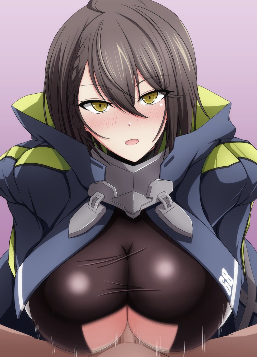 1boy ahoge azur_lane baltimore_(azur_lane) bangs black_shirt blue_coat blush braid breast_squeeze breasts brown_hair censored clothed_female_nude_male clothing_cutout coat commentary eyebrows_visible_through_hair female french_braid gloves hair_between_eyes highres hood hood_down hooded_coat large_breasts long_sleeves looking_at_viewer makiri_akira motion_blur motion_lines multicolored_coat nude number open_mouth paizuri paizuri_under_clothes penis purple_background shirt short_hair sidelocks simple_background solo_focus straight taut_clothes taut_shirt underboob underboob_cutout upper_body white_gloves yellow_eyes