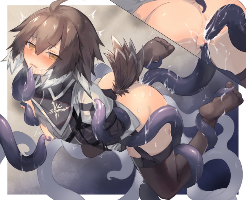 ahoge anal anus arknights ass bird_tail black_legwear blush breasts breasts_out brown_hair censored clitoral_stimulation commentary cum cum_in_pussy cut-away feathers female garter_straps grey_shirt hair_between_eyes mosaic_censoring multicolored_hair multiple_views nipple_tweak open_mouth plume_(arknights) pussy restrained sasa_onigiri shirt short_hair small_breasts sweat tail tail_feathers tentacle tentacle_sex thighhighs torn_clothes torn_shirt two-tone_hair vaginal_penetration white_footwear white_hair yellow_eyes