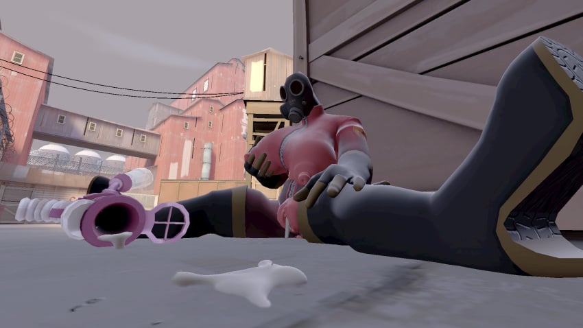 breasts cum cum_drip cum_dripping cum_gun cum_in_pussy cum_on_floor fempyro gas_mask hand_on_breast heel_boots latex_suit pregnant sfm sitting_on_floor source_filmmaker team_fortress_2 valve