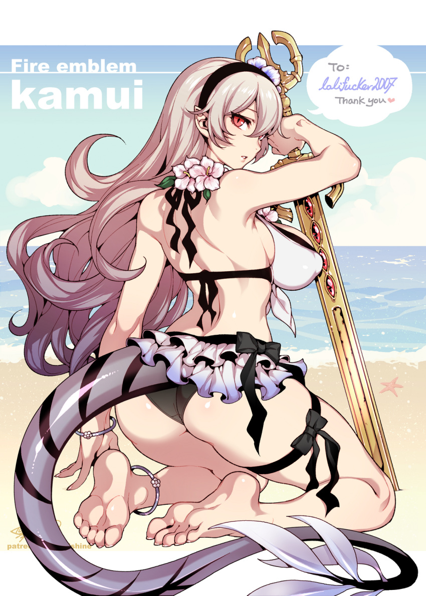 1girls alternate_costume anklet ass bangs barefoot beach bikini black_bikini_bottom bracelet breasts character_name commission copyright_name corrin_(fire_emblem) corrin_(fire_emblem)_(female) corrin_(summer)_(fire_emblem)_(female) dragon_girl dragon_tail english_text feet fire_emblem fire_emblem_fates fire_emblem_heroes fishine flower flowers frilled_bikini frills from_behind grey_hair hair_flower hair_ornament hairband head_tilt headband heart holding holding_sword holding_weapon jewelry large_breasts long_hair looking_back manakete nintendo ocean patreon_username pointy_ears red_eyes sample sand skirt slit_pupils soles solo source_smaller speech_bubble swimsuit sword tail thank_you water watermark wavy_hair weapon white_bikini white_swimsuit