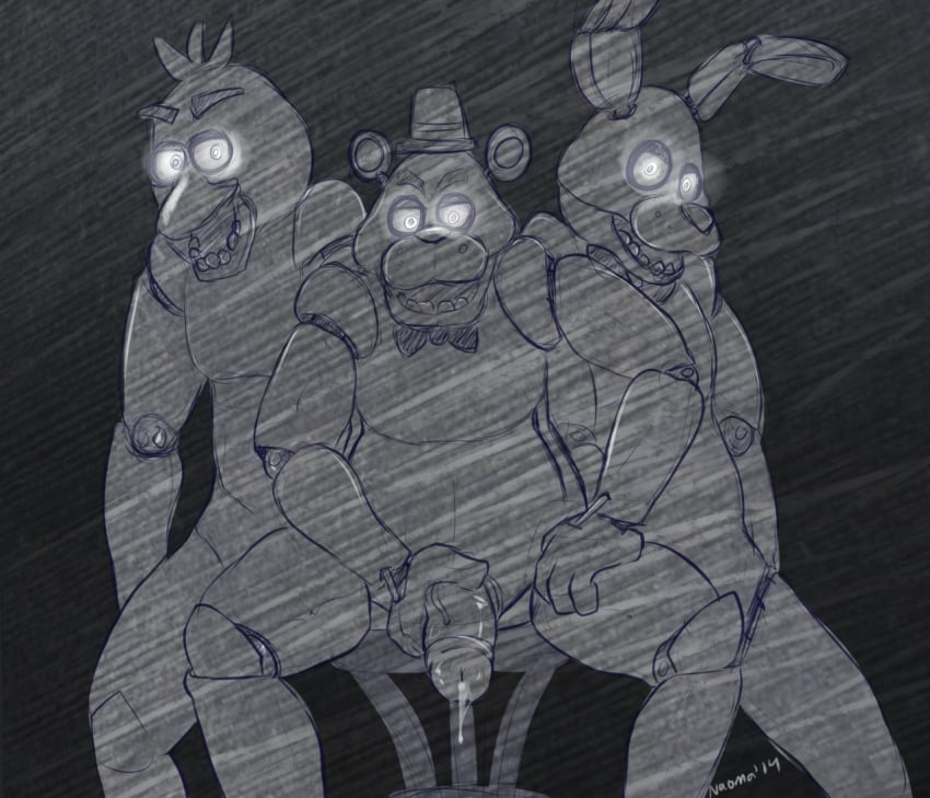 1girls 2boys animatronic avian bear bird bonnie_(fnaf) bowtie bunny bunny_ears chica_(fnaf) chicken classic_chica_(fnaf) cum erection female five_nights_at_freddy's freddy_(fnaf) glowing_eyes grayscale greyscale hat lagomorph long_ears looking_at_viewer machine male mammal mechanical monochrome naoma-hiru nude open_mouth penis precum rabbit rabbit_ears robot sitting smile spread_legs spreading straight_hair