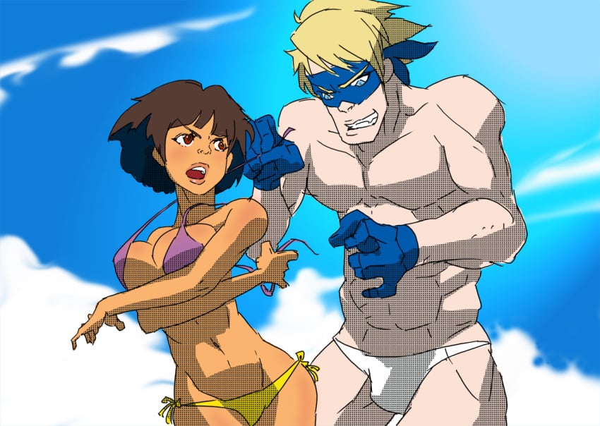 1boy 1girls abs assisted_exposure big_breasts bikini bikini_bottom bikini_top blonde_hair blue_eyes blush breasts brown_hair color dark-skinned_female dark_skin dora_marquez dora_the_explorer female human human_only humanized latina male mask muscles muscular_male navel nickelodeon pecs red_eyes short_hair side_knot straight swiper wide_hips