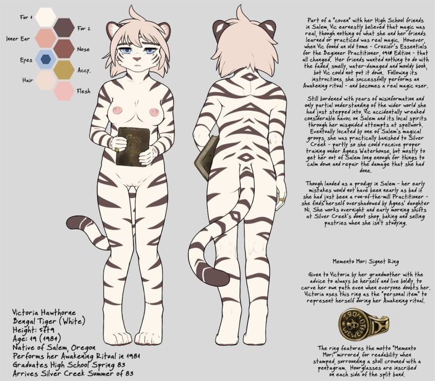 anthro bengal_tiger book breasts camp_pines felid female genitals jewelry leucistic mammal model_sheet pantherine pussy seff solo tiger victoria_hawthorne