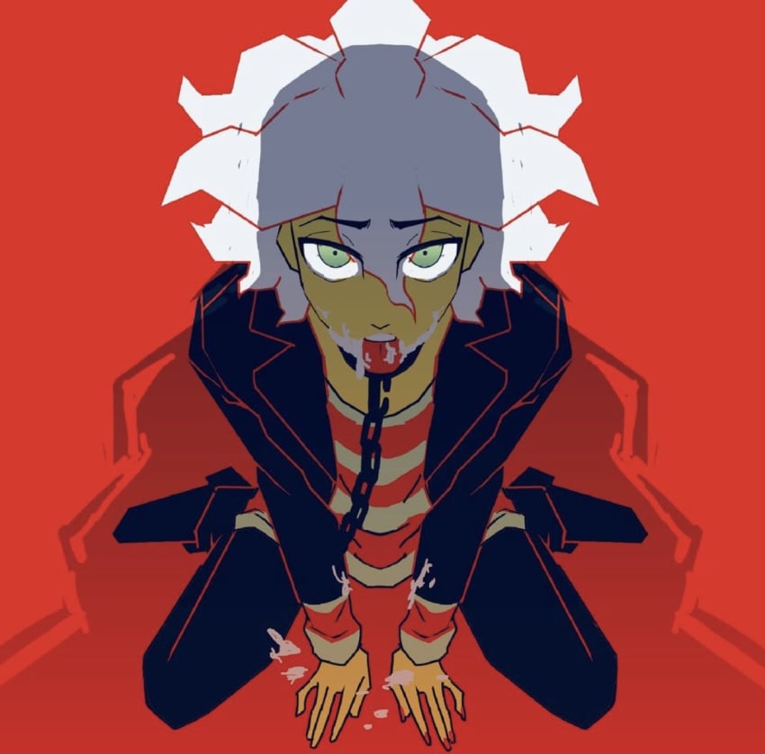 1boy chain_leash clothed collar cum cum_in_mouth danganronpa danganronpa_ultra_despair_girls femboy green_eyes leash looking_at_viewer looking_up male male_only nagito_komaeda red_background servant_(danganronpa) shadow solo straight_hair suggestive_food tongue_out wariza white_hair yaoi