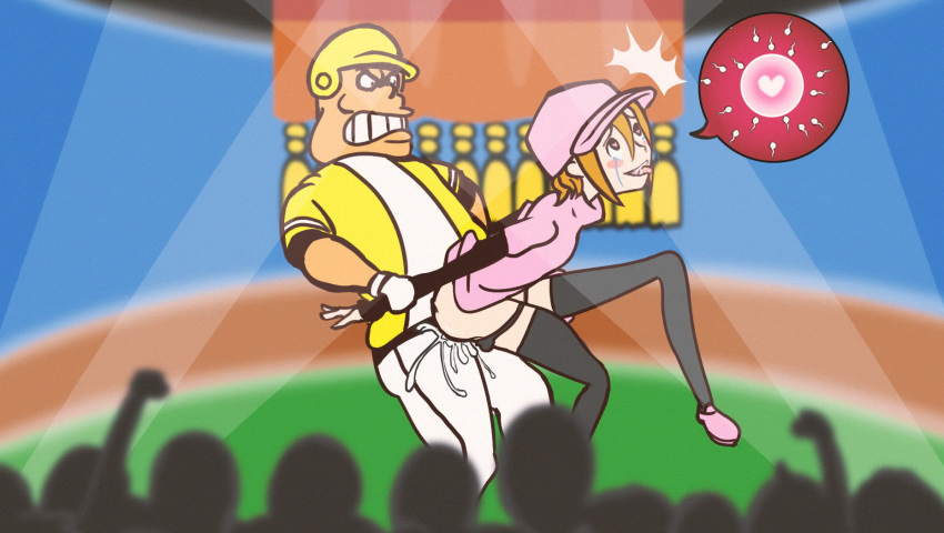 1boy 1girls ^^^ ahe_gao arm_grab bangs baseball_cap baseball_helmet baseball_stadium batter_(rhythm_tengoku) black_legwear black_panties black_shirt blurry blurry_background blurry_foreground blush_stickers breasts brown_hair clenched_teeth commentary crowd crying crying_with_eyes_open cum cum_in_pussy cum_inside depth_of_field dot_pupils dress english_commentary female fertilization goatwithsauce hair_between_eyes hat heart helmet highres impregnation layered_clothing lifting_person long_sleeves looking_at_another minna_no_rhythm_tengoku muscular muscular_male nintendo ovum panties pants panty_pull pink_dress pink_footwear pink_headwear pitcher_(rhythm_heaven) pitcher_(rhythm_tengoku) raised_eyebrows rhythm_heaven rhythm_heaven_fever rhythm_tengoku rhythm_tengoku_gold saliva saliva_trail sex sex_from_behind shirt shoes short_sleeves small_breasts smile sperm_cell spoken_impregnation straight streaming_tears tears teeth thighhighs tongue tongue_out two-tone_shirt underwear v-shaped_eyebrows vaginal_penetration white_pants white_shirt yellow_headwear yellow_shirt