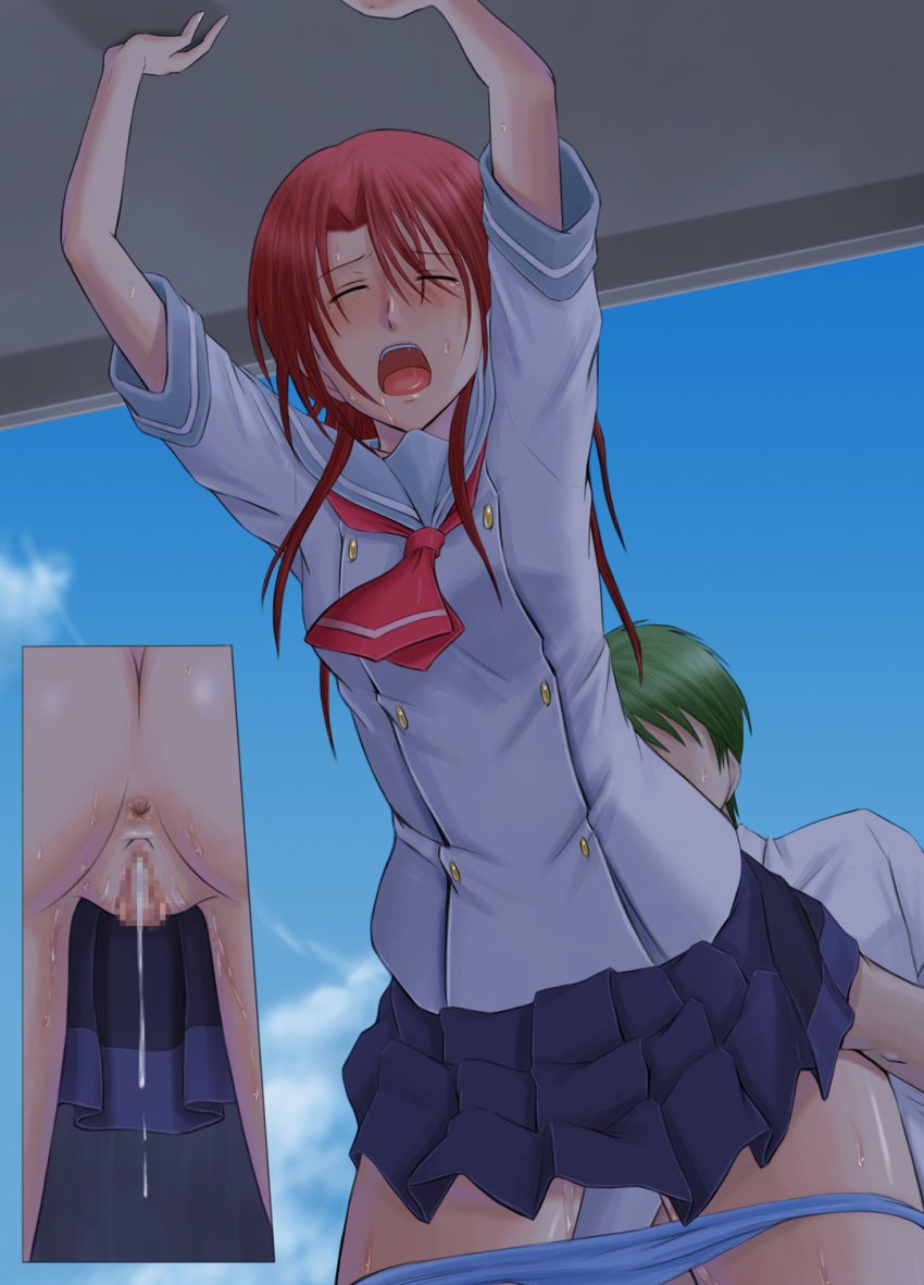 1boy after_sex after_vaginal against_wall anus blue_panties blue_skirt blue_sky bonnie_(rsg) censored closed_eyes collared_shirt cum cum_in_pussy cum_inside day faceless_male female from_below green_hair grey_sailor_collar hair_intakes highres hino_kahoko la_corda_d'oro long_hair miniskirt mosaic_censoring neckerchief open_mouth outdoors panties panty_pull pleated_skirt pussy red_hair red_neckwear ryoutaro_tsuchiura sailor_collar sailor_shirt sex_from_behind shiny shiny_hair shiny_skin shirt short_hair short_sleeves skirt sky standing standing_sex straight straight_hair sweatdrop underwear white_shirt