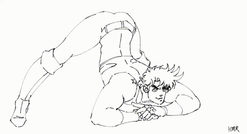 animated battle_tendency belt birthmark black_and_white boots clothed colorless crop_top fingerless_gloves gloves jack-o_pose jeans joestar_birthmark jojo's_bizarre_adventure joseph_joestar kuromegarin male_focus meme open_eyes pants shaking_ass shaking_butt shirt sketch smirk solo_male spiky_hair squint tease teasing