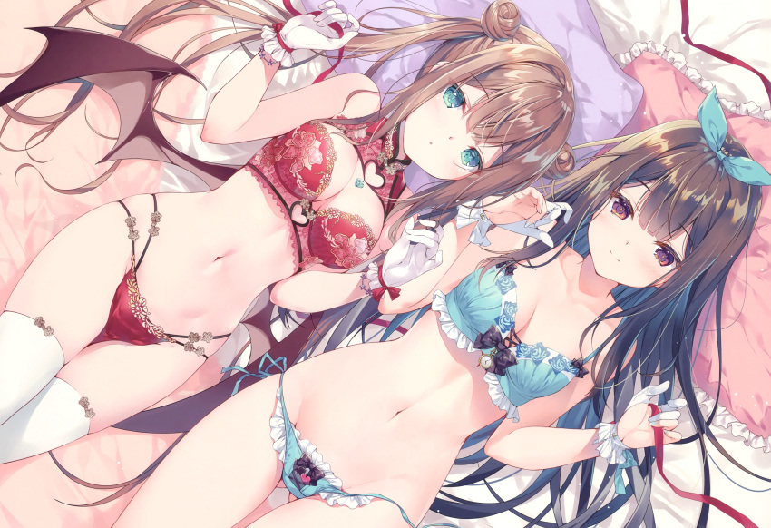 2girls bare_arms bare_shoulders blue_bra blue_eyes blue_panties blue_underwear blush bow bra breasts brown_eyes brown_hair china_dress chinese_clothes clavicle cleavage cleavage_cutout closed_mouth clothing_cutout comic_market comic_market_97 demon_wings double_bun dress duo female frills gloves gluteal_fold hair hair_ornament hair_ribbon hairbow hands_up heart_cutout high_resolution hips large_breasts large_filesize lingerie long_hair looking_at_viewer lying miwabe_sakura multi-strapped_panties multiple_girls navel on_back original pantsu partly_fingerless_gloves pillow pion red_bra red_eyes red_panties red_ribbon red_underwear ribbon scan shiny shiny_skin shitagi_plus_2 side-tie_panties sidelocks skindentation smile stomach tagme thighhighs thighs tied_hair twintails twitter_username underwear underwear_only untied untied_panties very_high_resolution very_long_hair white_gloves white_legwear wings yugake