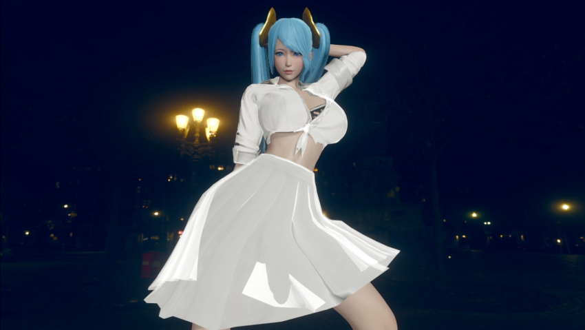 blue_eyes blue_hair futanari implied_futanari league_of_legends pose see-through_clothing see_through_bra sona_buvelle twintails