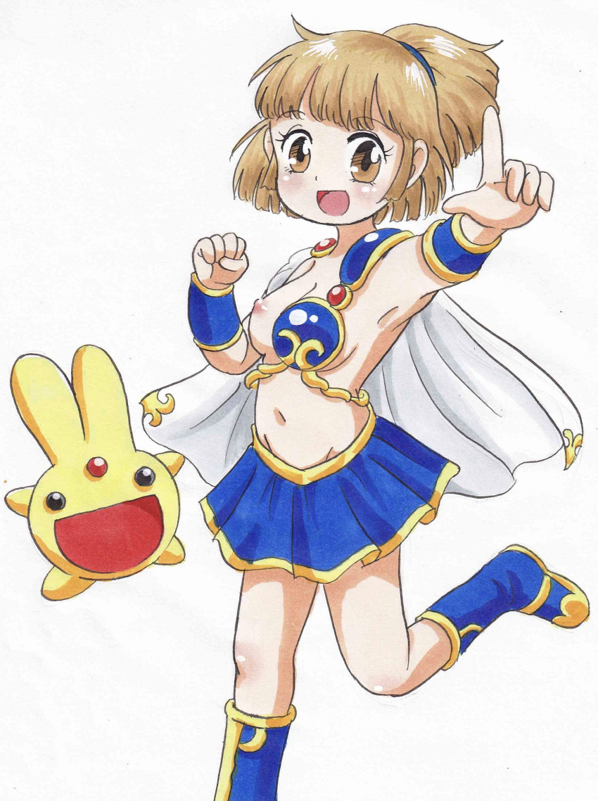 arle_nadja boots breastplate breasts brown_eyes brown_hair cape carbuncle_(puyo_puyo) compile looking_at_viewer madou_monogatari one_breast_out puyo_puyo sega shirtless skirt smile