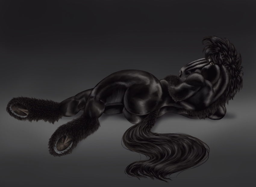 anthro ass belgian_draft_horse big_ass black_body black_fur black_hair brabant draft_horse female female_focus female_only fur furry furry_only horse horseshoe horseshoes mare muscle muscular_female nude nude_female simple_background